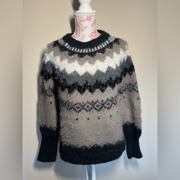 Anthropologie Sleeping On Snow Embellished Fair Isle Black Grey Fuzzy Sweater S - Picture 2 of 12